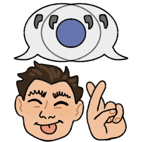 two overlapping speech bubbles with a blue circle between them, and quotes on either side. Below is a person smiling, sticking out their tongue, and crossing their index and middle fingers. They have short brown hair and pale skin.